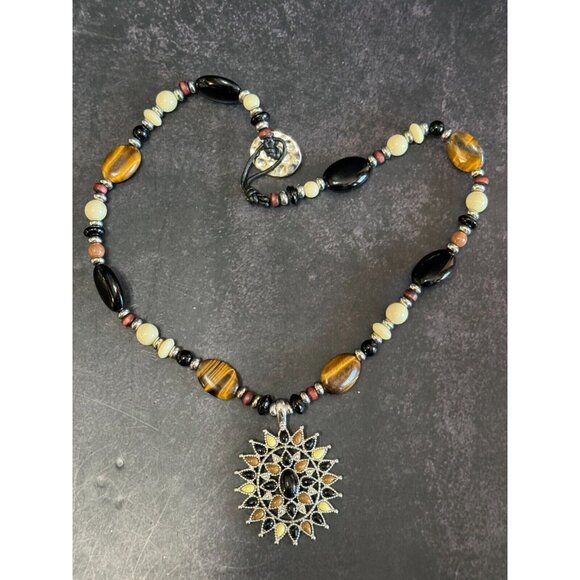 Chaps Tiger Eye Brown Stone & Glass Beaded Pendant Necklace 16" - Picture 6 of 8